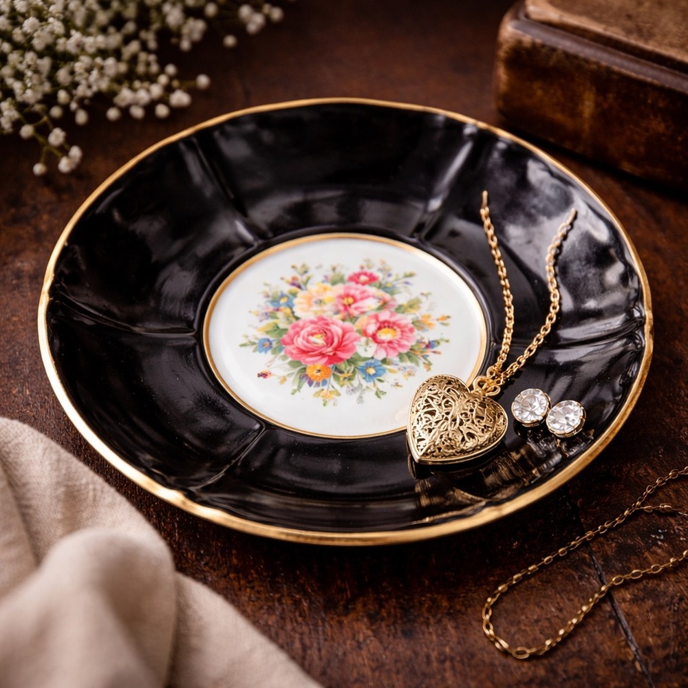 Vintage Adderley England Black Floral Saucer Gold Trim Bone China